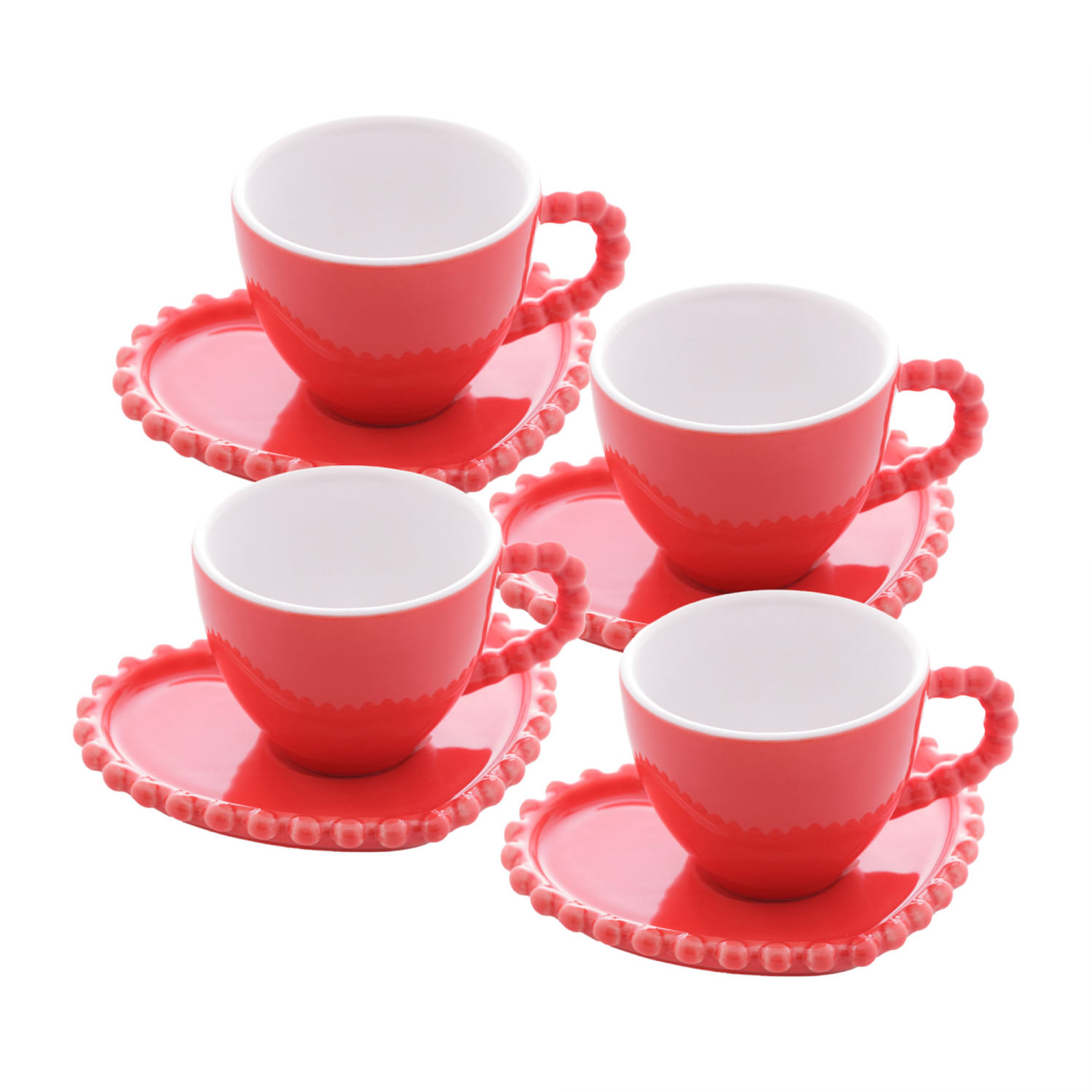 Set 4 Crystal Coffee Cups with Saucer Heart Pearl Pink 85ml