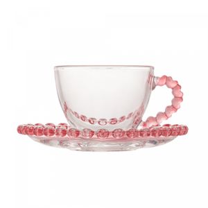 Xícara de Café de Cristal com Pires Coração Borda Rosa 80ml - Lyor