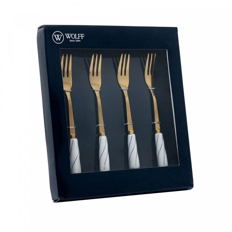 Conjunto-4-Garfos-para-Aperitivo-de-Aco-Inox-Dourado-com-Cabo-de-Ceramica-Branco-Wolff