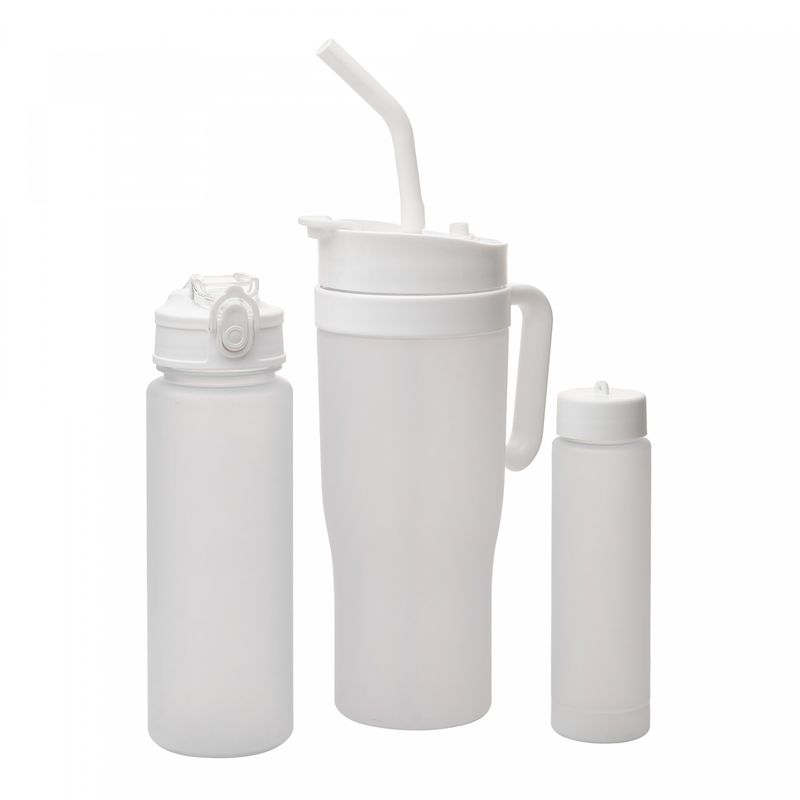 Conjunto-1-Caneca-com-2-Garrafas-Squeeze-de-Plastico-Branco-Lyor