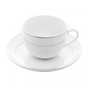 Conjunto 6 Xícaras de Chá de Porcelana com Pires e Borda Prateada Mônaco Branco 220ml - Wolff