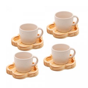 Conjunto 4 Canecas com Pires de Madeira Pinus Marfim 115ml - Woodart