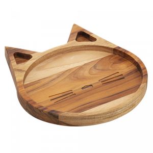 Prato para Sobremesa de Madeira em Formato de Gato Teca Kids 20cm - Wolff Craft