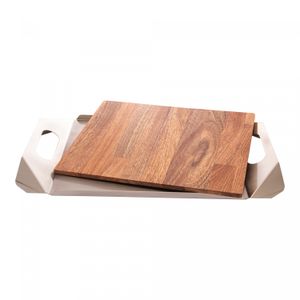 Bandeja de Aço Inox Champanhe Origami com Alça e Madeira Cerejeira 53cm x 31cm x 5,5cm - Wolff Craft