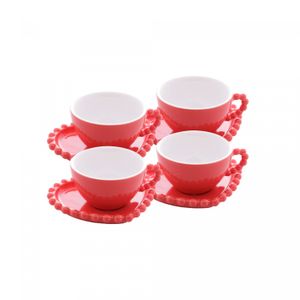 Conjunto 4 Xícaras de Chá de Porcelana com Pires Coração Beads Vermelho 210ml - Wolff