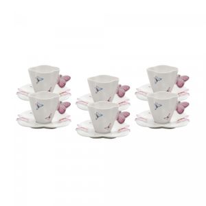 Conjunto 6 Xícaras de Café de Porcelana com Pires Borboletas Branco 100ml - Wolff