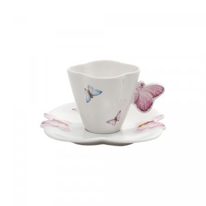 Conjunto 6 Xícaras de Café de Porcelana com Pires Borboletas Branco 100ml - Wolff