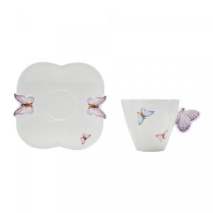 Conjunto 6 Xícaras de Chá de Porcelana com Pires Borboletas Branco 200ml - Wolff