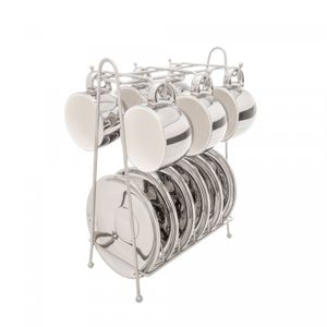 Conjunto 6 Xícaras de Café com Pires de Porcelana e Suporte Versa Prata/Branco 90ml - Wolff