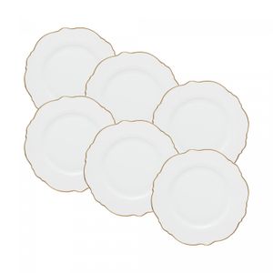 Conjunto 6 Pratos para Sobremesa de Porcelana Maldivas Branco com Fio de Ouro 21cm x 1,5cm - Wolff