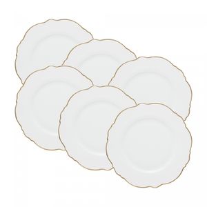 Conjunto 6 Pratos Rasos de Porcelana Maldivas Branco com Fio de Ouro 28cm x 2cm - Wolff