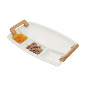Petisqueira de Porcelana com Alça de Madeira Branca 22cm x 37cm x 5cm - Wolff