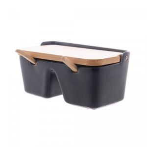 Saleiro de Cerâmica 2 Divisórias com Tampa e Colher de Bambu Azul 8,5cm x 19cm x 9,5cm - Wolff