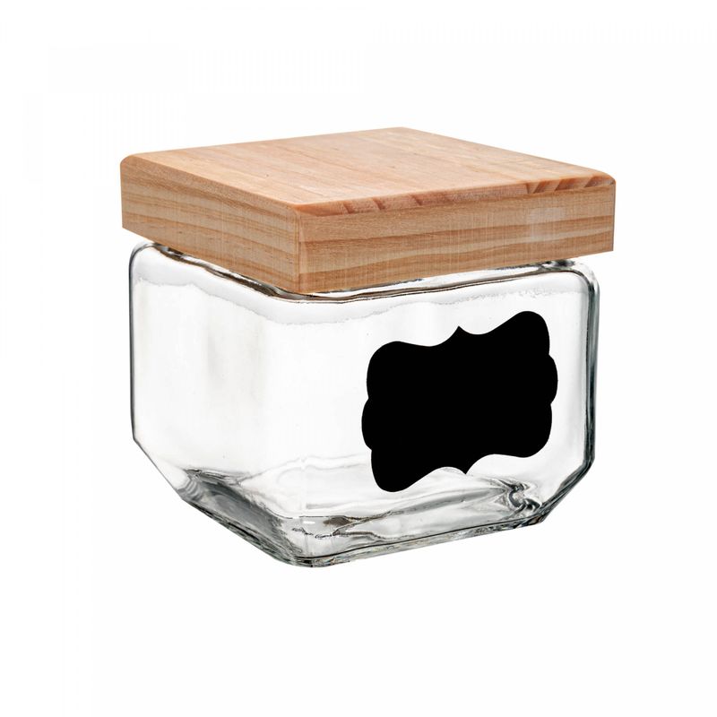 Porta-Mantimento-de-Vidro-com-Tampa-de-Pinus-e-Adesivo-Customizavel-800ml-Wolff