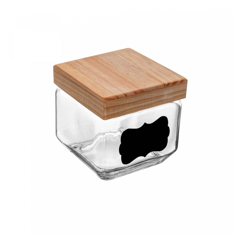 Porta-Mantimento-de-Vidro-com-Tampa-de-Pinus-e-Adesivo-Customizavel-800ml-Wolff