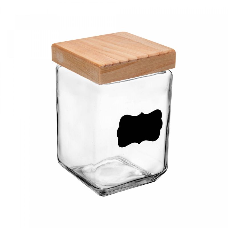 Porta-Mantimento-de-Vidro-com-Tampa-de-Pinus-e-Adesivo-Customizavel-Preto-17L-Wolff