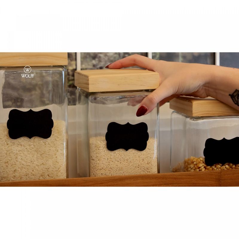 Porta-Mantimento-de-Vidro-com-Tampa-de-Pinus-e-Adesivo-Customizavel-Preto-17L-Wolff