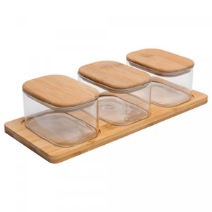 Conjunto 3 Potes com Tampa e Bandeja de Bambu Vidro Borossilicato - Wolff