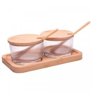 Conjunto 2 Porta Geleia com Tampa Colher e Bandeja Lines Bambu - Wolff