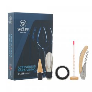 Conjunto 4 Peças de Aço Inox Detalhe Estilo Madeira para Vinho com Caixa - Wolff