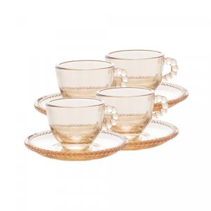 Conjunto 4 Xícaras de Café de Cristal com Pires Pearl Âmbar Metalizado 80ml - Wolff