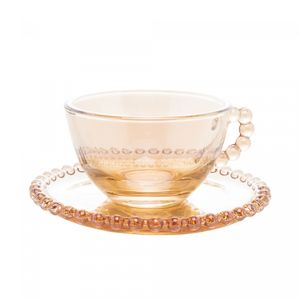Conjunto 4 Xícaras de Chá de Cristal com Pires Pearl Âmbar Metalizado 180ml - Wolff