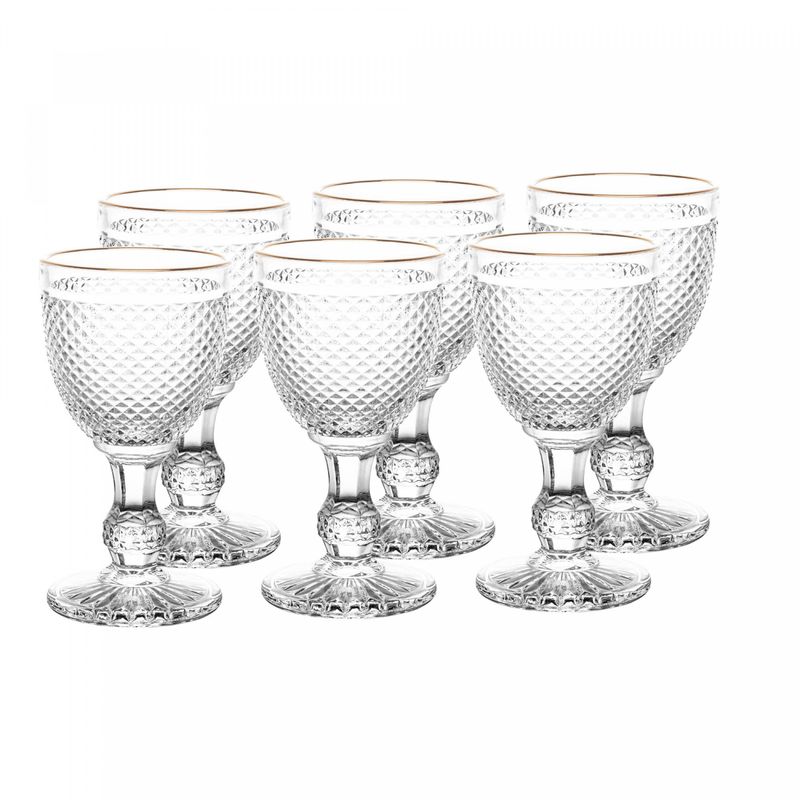 Conjunto-6-Tacas-para-Agua-De-Vidro-Com-Fio-Dourado-Bico-De-Jaca-300Ml-Wolff