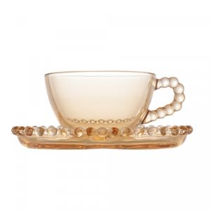 Conjunto 4 Xícaras de Café de Cristal com Pires Coração Pearl Âmbar Metalizado 85ml - Wolff