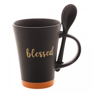Caneca de Cerâmica com Colher Blessed Preto Matt/Laranja 310ml - Wolff