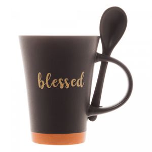 Caneca de Cerâmica com Colher Blessed Preto Matt/Laranja 310ml - Wolff