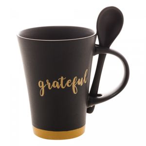 Caneca de Cerâmica com Colher Grateful Preto Matt/Amarelo 310ml - Wolff
