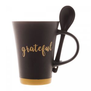 Caneca de Cerâmica com Colher Grateful Preto Matt/Amarelo 310ml - Wolff