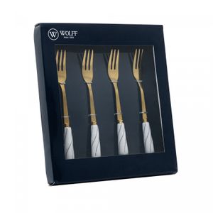 Conjunto 4 Garfos para Aperitivo de Aço Inox Dourado com Cabo de Cerâmica Branco - Wolff