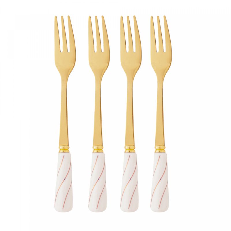 Conjunto-4-Garfos-para-Aperitivo-de-Aco-Inox-Dourado-com-Cabo-de-Ceramica-Branco-Wolff