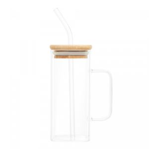 Caneca de Vidro Borossilicato com Canudo e Tampa de Bambu 400ml - Wolff