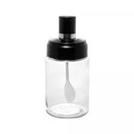 Acucareiro-de-Vidro-com-Colher-e-Tampa-de-Plastico-Preta-7cm-x-7cm-14cm-Wolff