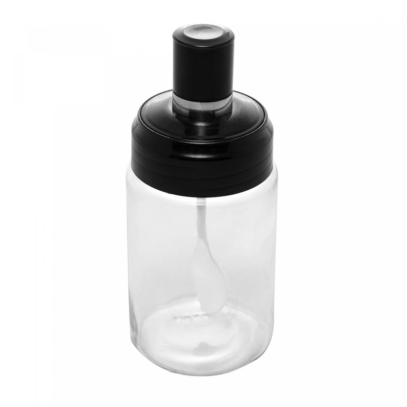 Acucareiro-de-Vidro-com-Colher-e-Tampa-de-Plastico-Preta-7cm-x-7cm-14cm-Wolff