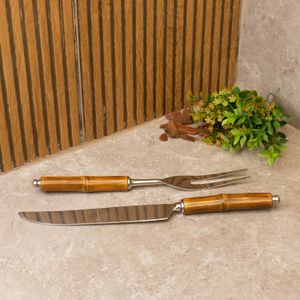 Conjunto 2 Peças Faca e Garfo para Assado de Aço Inox com Cabo de Bambu - Wolff