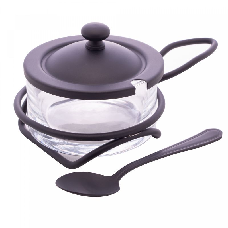 Queijeira-de-Vidro-e-Aco-Inox-com-Colher-e-Suporte-Italy-Preto-Fosco-16cm-x-10cm-x-8cm-Wolff