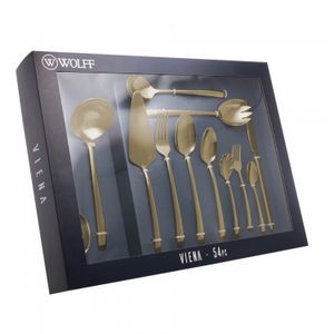 Faqueiro 54 Peças de Aço Inox com Caixa Litografada Viena Dourado - Wolff