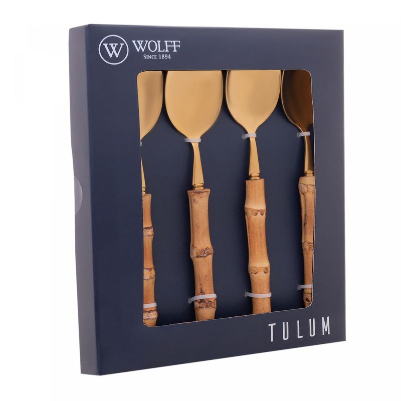 Conjunto-4-Colheres-para-Mesa-de-Aco-Inox-com-Cabo-de-Bambu-Tulum-Dourado-20,5cm-Wolff
