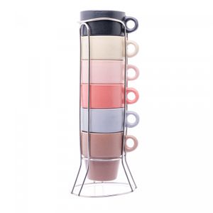 Conjunto 6 Xícaras de Café Empilháveis de Cerâmica com Suporte Coloridas 90ml - Wolff