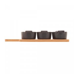 Conjunto Bandeja de Bambu com 3 Petisqueiras Redondas de Porcelana Preta 28,5cm x 10cm x 5cm - Wolff
