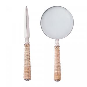 Conjunto Abridor de Carta e Lupa de Aço Inox com Cabo de Rattan Prata - Wolff