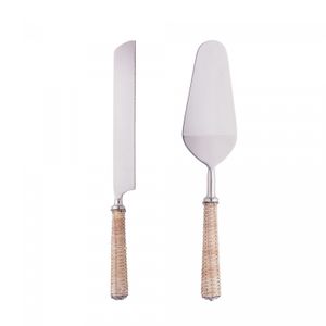 Conjunto 2 Peças para Bolo de Aço Inox com Cabo de Rattan Prata - Wolff