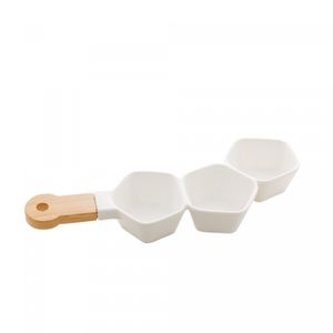 Petisqueira de Porcelana com Cabo Bambu Branco Matt 36cm x 13cm x 5cm - Wolff