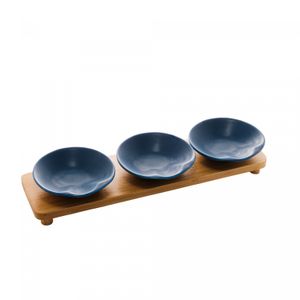 Conjunto 3 Petisqueiras de Porcelana com Bandeja Bambu Azul Matt 32cm x 9cm x 5cm - Wolff