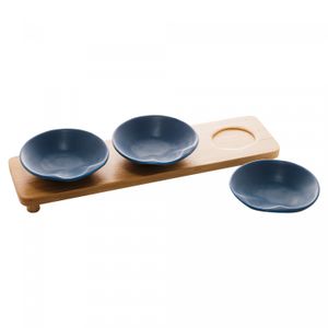 Conjunto 3 Petisqueiras de Porcelana com Bandeja Bambu Azul Matt 32cm x 9cm x 5cm - Wolff