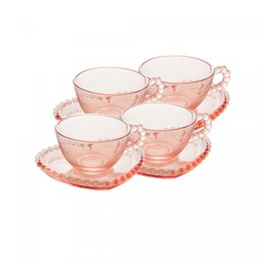 Conjunto 4 Xícaras de Chá de Cristal com Pires Coração Pearl Rosa 180ml - Wolff