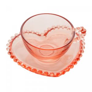 Conjunto 4 Xícaras de Chá de Cristal com Pires Coração Pearl Rosa 180ml - Wolff
